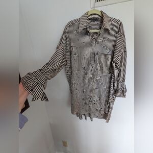 Zara Black & Cream Striped Button-Down Shirt dress with DRAGONFLY Floral Motif